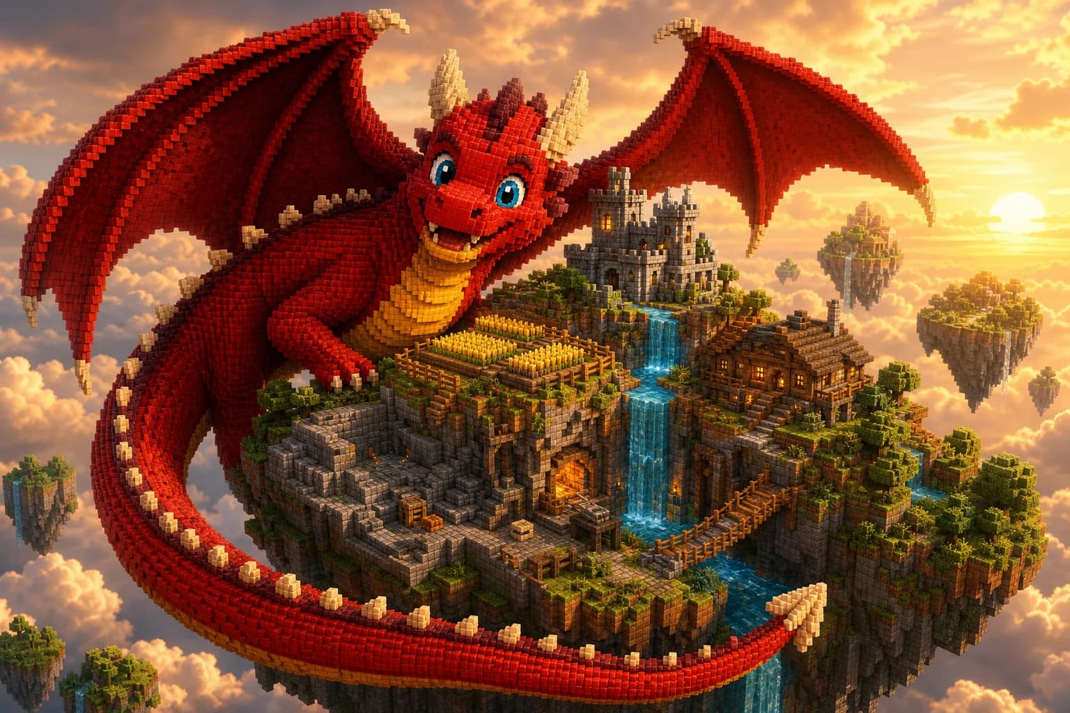 El dragón adulto, con las alas rojas desplegadas, se enrosca alrededor de una gran isla flotante.