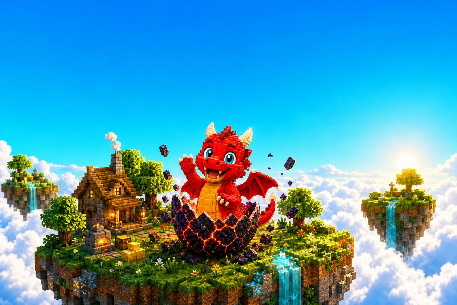 Un bebé dragón rojo de bloques sale de un huevo de obsidiana agrietado de lava, en una isla flotante, bajo un gran cielo azul.