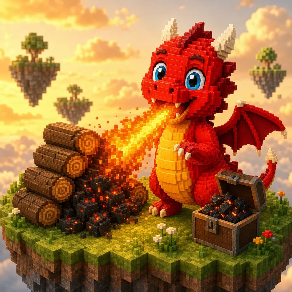 El joven dragón escupe una llamarada sobre un montón de troncos que se convierten en carbón, con un cofre lleno al lado.