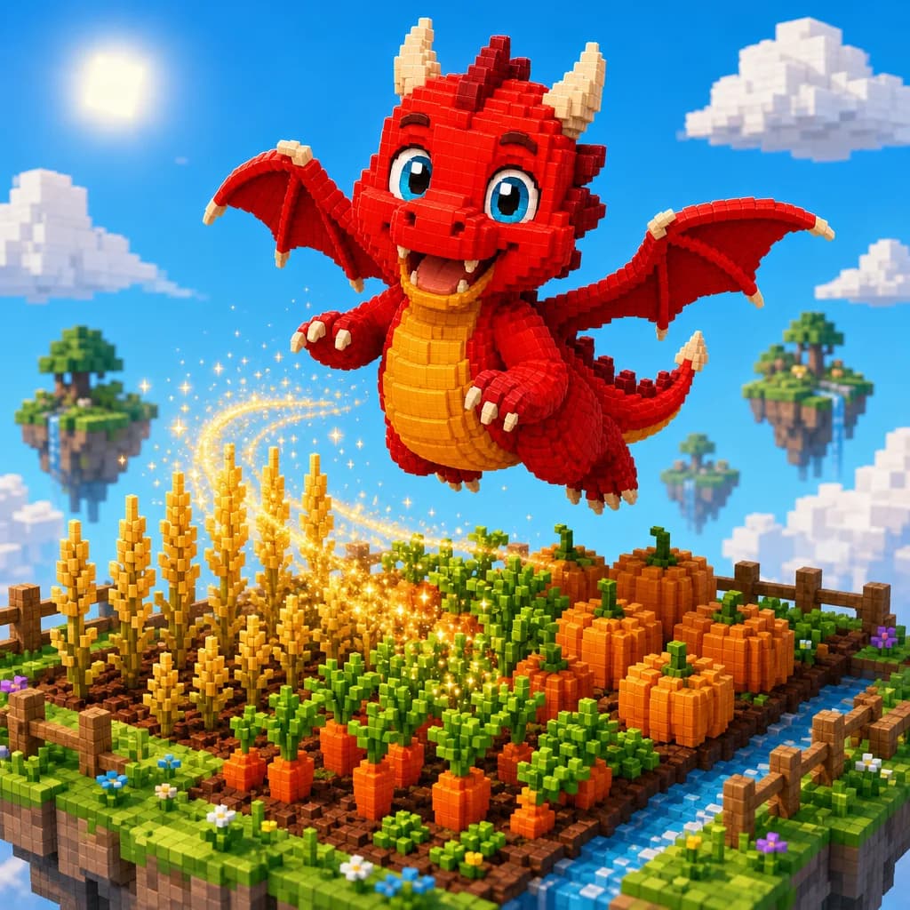 El joven dragón sobrevuela un campo de trigo, zanahorias y calabazas sembrando chispas doradas.