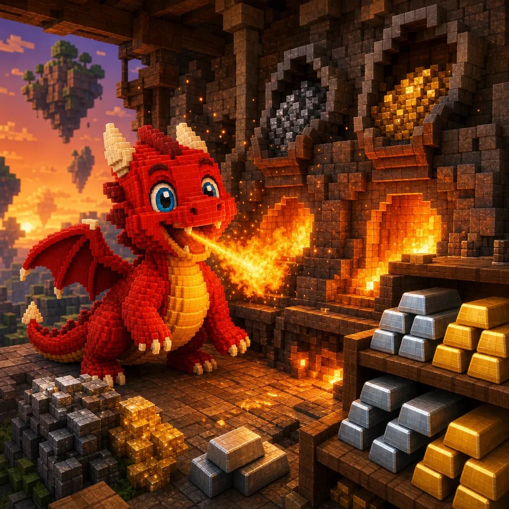 El joven dragón sopla dentro de un horno de piedra, con lingotes de oro y de hierro delante.